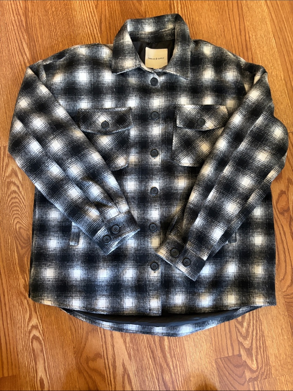 Thread & Supply Grey, Black and White Plaid Button-Up Shacket